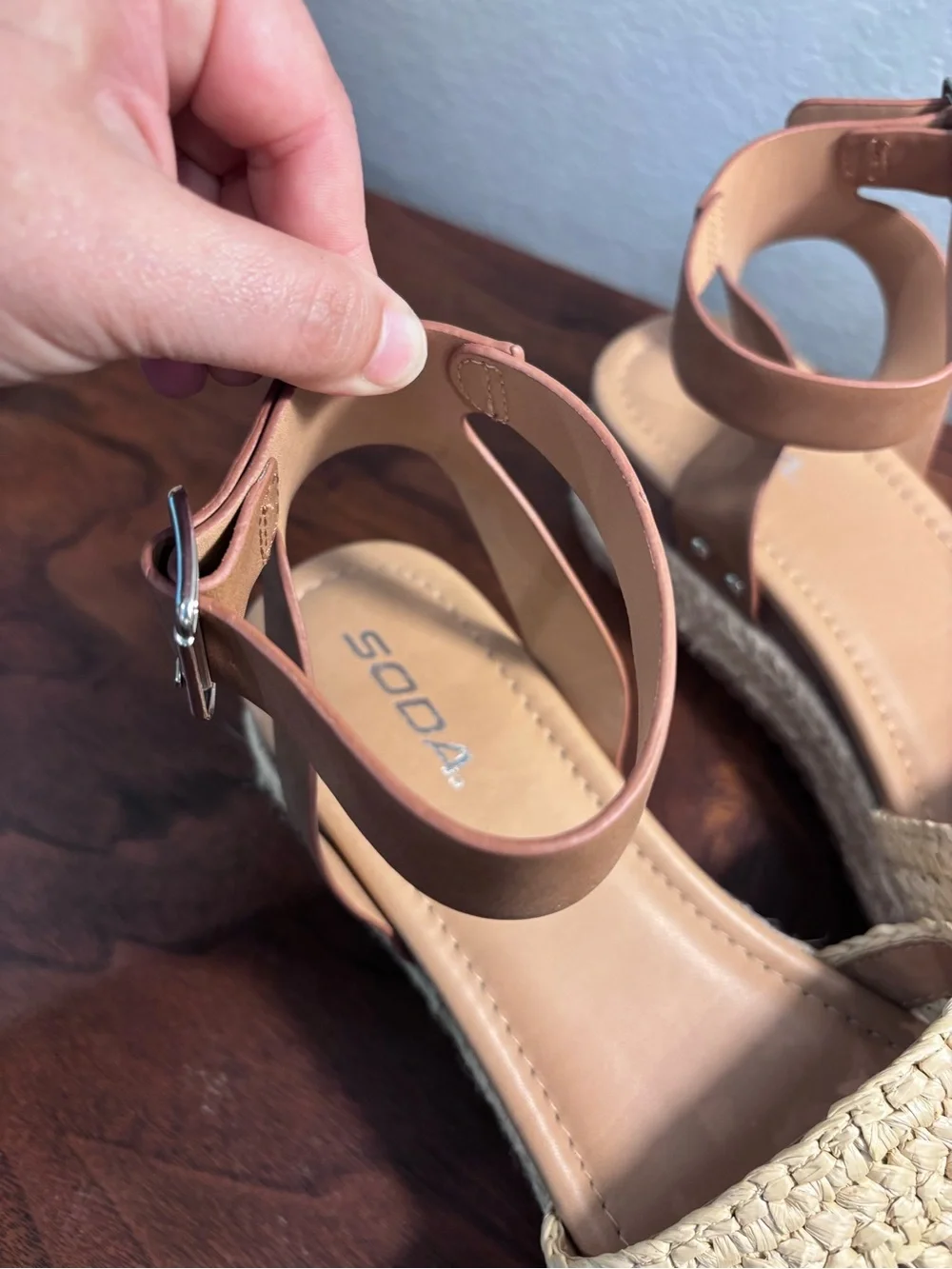 Soda Cream Woven Espadrille Platform Sandal with Brown Ankle Strap